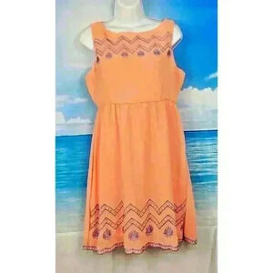 FLYING TOMATO Womans PEACH Dress LINED Zip Back TEAL Embroidered accent size 5